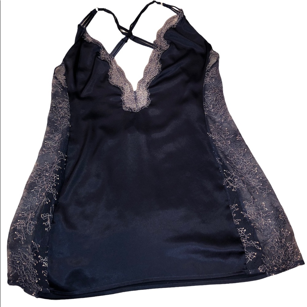 Victoria’s Secret Navy satin and lace chemise